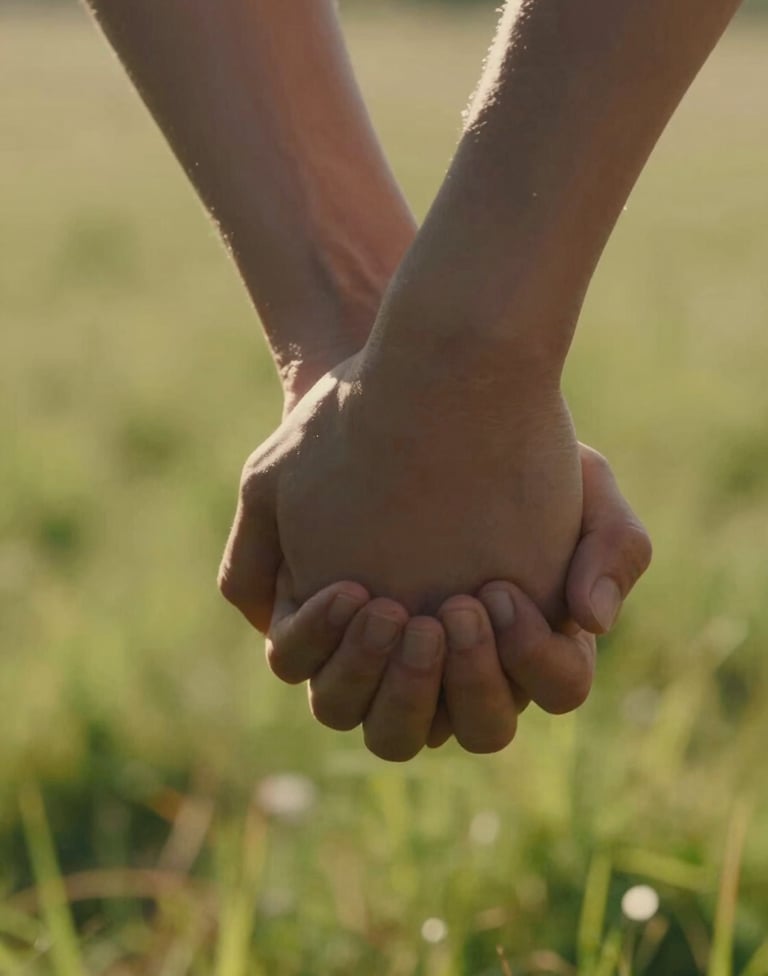 A close-up, cinematic detail shot of two hands holding tightly against a backdrop of sun-drenched meadow. The lighting is warm and inviting, emphasizing a genuine human connection.