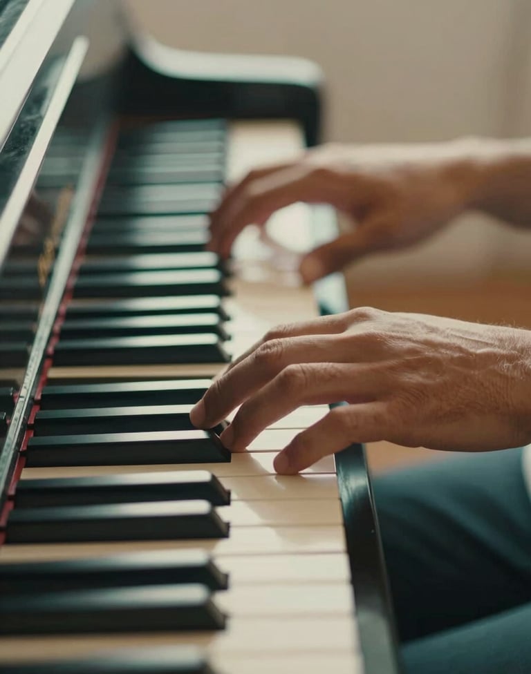 Close-up of a pair of hands gracefully touching the keys of a piano. The lighting is soft and golden, with shadows in deep teal #386F6F. The image captures the passion and technical skill of Lyan Galindo, using the brand's elegant palette.