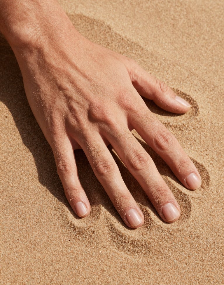 Macro photography of a human hand covered in fine warm desert sand toned dust touching a heavily textured canvas surface. Minimalist composition with a sophisticated artistic mood and soft lighting.
