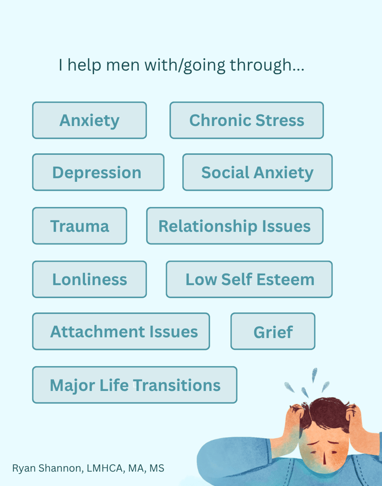 Mental health services for men addressing anxiety, depression, trauma, and chronic stress by Ryan Shannon.