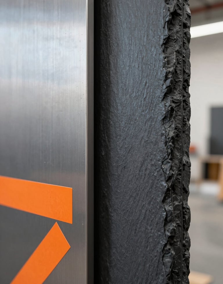 A detailed close-up of an art piece showing the interaction between brushed metal textures and matte deep charcoal slate paint. Subtle safety orange markings resemble industrial signage. Shot in a bright, airy International / Urban Art Scene studio environment.