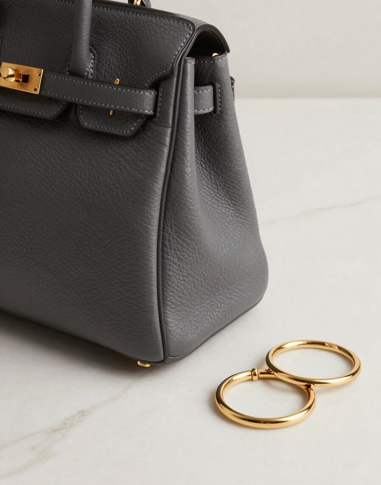 Close-up detail of a deep slate grey designer handbag and soft gold jewelry placed on a minimalist soft off-white marble surface. Elegant and sophisticated lighting in a North American / Western European design studio.