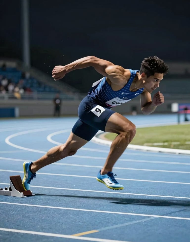 An intense action photograph of a sprinter exploding from the blocks on a modern track in the US. Captured from the side, with a slight motion blur on the legs to convey extreme speed. The lighting is cold and futuristic, utilizing pale icy blue tones against a dark charcoal background.