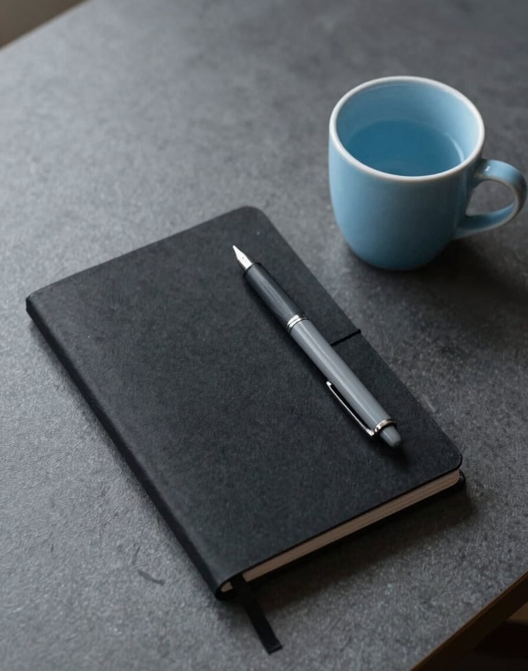 A minimalist overhead shot of a creative workspace. A black notebook, a grey fountain pen, and a single light blue ceramic cup are arranged neatly on a dark grey textured desk. Soft, natural side lighting, professional and serene atmosphere.