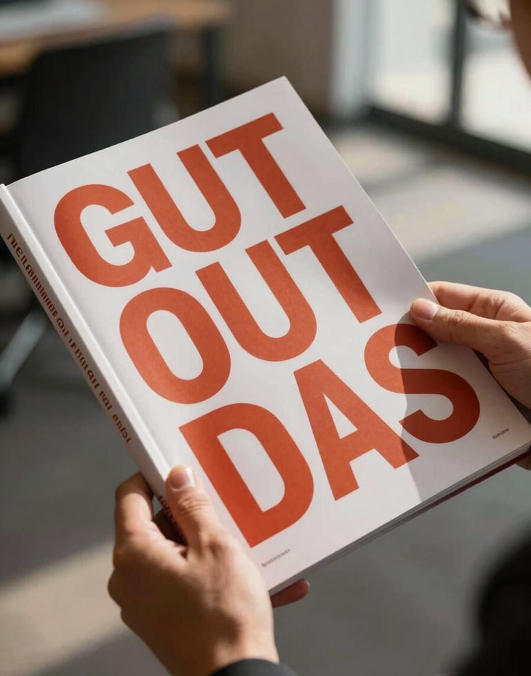 Close-up of a premium printed brand strategy guide being held by professional hands in a corporate North American setting. Warm, natural lighting highlights the bold reddish orange typography on the cover, conveying passion and quality.