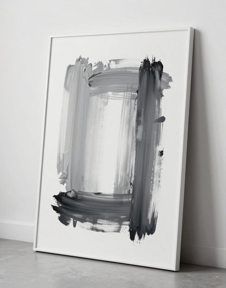 A secondary minimalist artwork with grey and black brushstrokes on a white background, leaning against a clean white wall in a contemporary studio space.