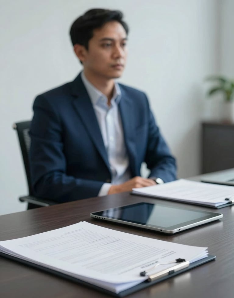 A minimalist meeting room in a Southeast Asian / Indonesian corporate setting. A professional is blurred in the background, focusing on the foreground table where documents and a tablet are neatly placed. Palette includes Dark Navy Blue and Pale Mist White.