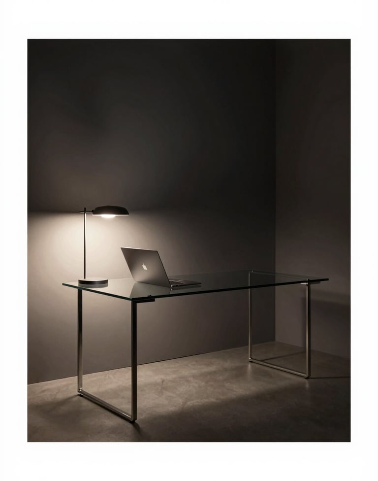 A high-end studio portrait of a modern, minimal workspace. A single glass desk, a thin laptop, and an architectural lamp. The room is dark charcoal (#111111) with a soft warm off-white glow (#F0EDE8) from the side. Clean lines and professional atmosphere.