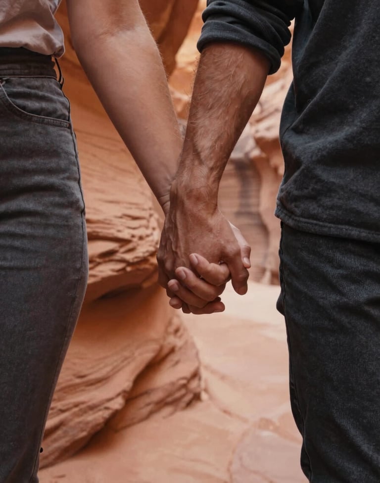 Close-up cinematic shot focusing on a couple's entwined hands as they walk through a North American / US canyon. The warm sun-drenched light catches the textures of the terracotta rock walls and their casual charcoal clothing. The mood is intimate and peaceful.