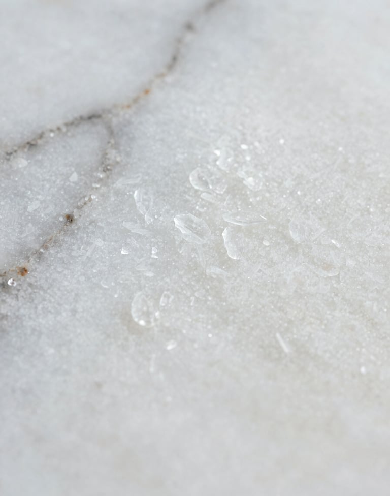 Extreme close-up macro photography showing the intricate crystalline texture of a white marble surface. Soft, diffused lighting highlights the translucent quality of the stone. Subtle gray veins meander across the surface. The aesthetic is clean, editorial, and sophisticated.