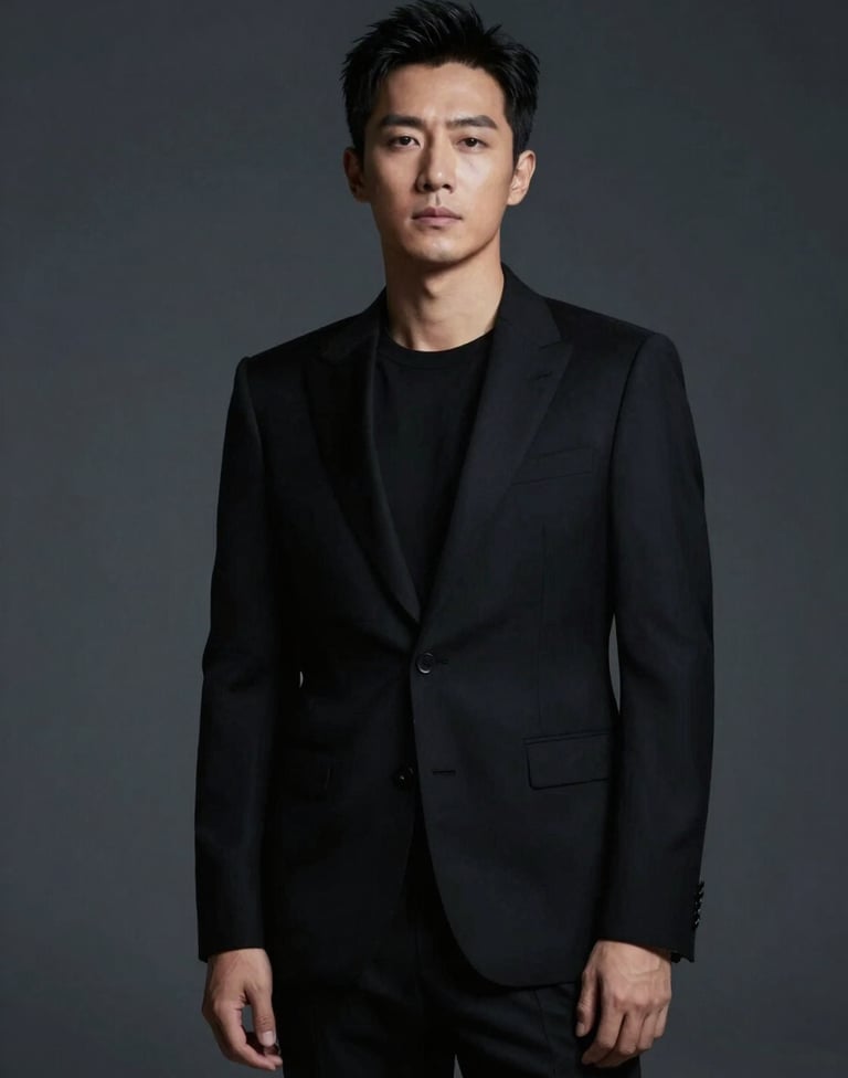 An elegant, cinematic portrait of the actor in a tailored black suit, partially obscured by soft shadows. Dark, moody background in #0F0F0F with subtle rim lighting in #F5F5F5 to define the silhouette.