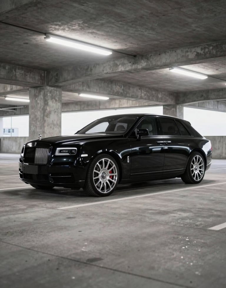 Photography of a sleek, black luxury performance vehicle parked in a minimalist concrete parking structure in the US. The chrome rims and accents glisten under harsh overhead industrial lighting.