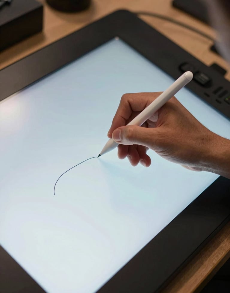 A close-up of a hand in a North American / US design studio using a stylus on a glass screen to draw. The screen glows with soft white and sky blue light. Professional and focused atmosphere.