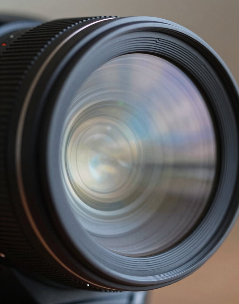 A close-up photograph of a professional camera lens reflecting a Soft Blue and Pale Grey sky, emphasizing technical precision and elegance.