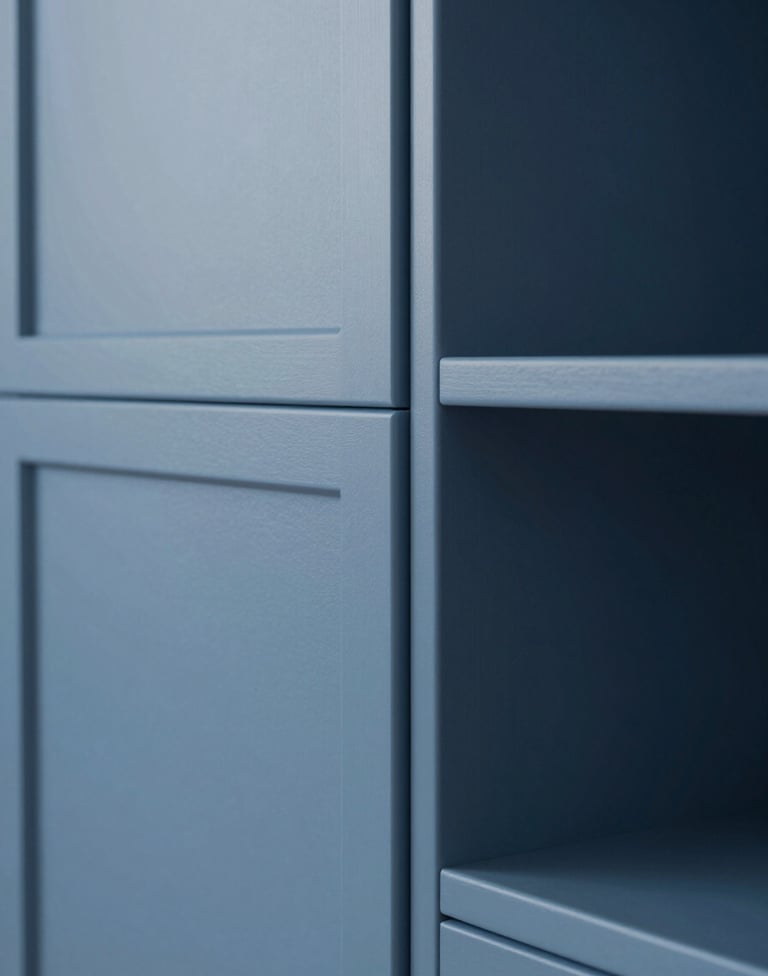 Detailed 3D render focusing on the joinery and texture of a custom-designed wardrobe. The finish is a matte medium blue, reflecting a sophisticated and precise Northern European aesthetic. Soft shadows highlight the minimalist form.