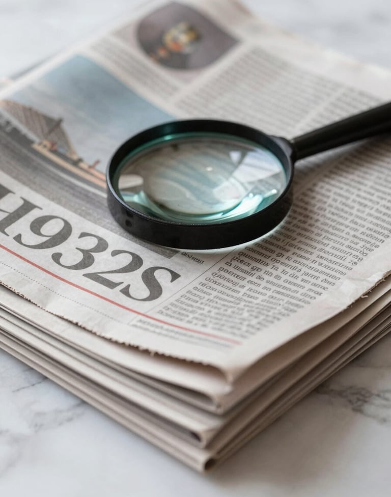 A detailed shot of a stack of contemporary newspapers and magazines on a marble surface, with a magnifying glass resting on top. The style is sharp and focused, symbolizing investigation. Incorporates #263238 and #B0BEC5.