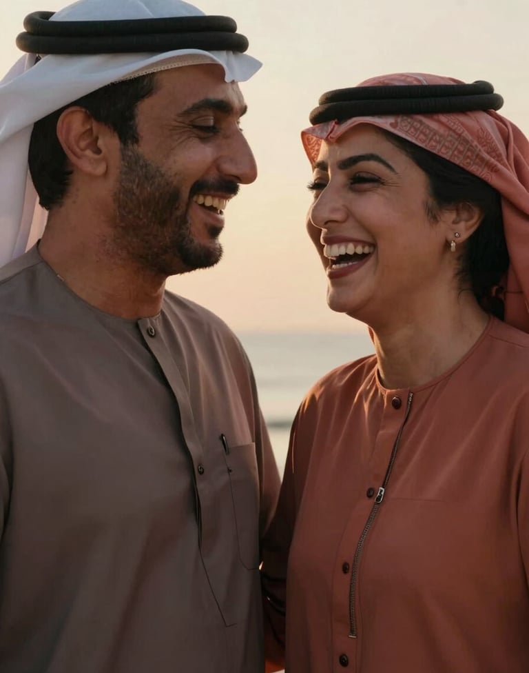A candid, close-up photograph of a couple sharing a genuine laugh in a Middle Eastern / Gulf coastal setting at sunset. The lighting is warm and cinematic, highlighting their expressions. The palette includes burnt terracotta and charcoal accents in their attire.
