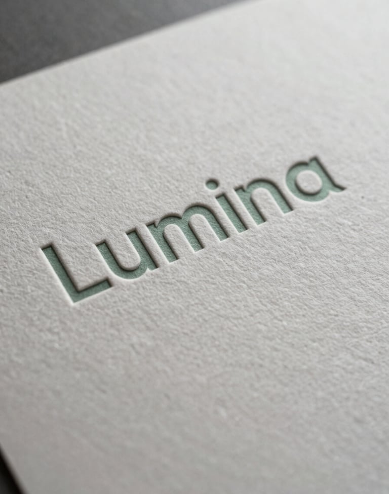 An extreme close-up photograph focusing on the texture of a custom-embossed Lumina label. The paper is a textured Off-White with subtle Soft Sage ink. The lighting is dramatic, emphasizing the strategic craftsmanship of the print finish in a North American / US production facility.