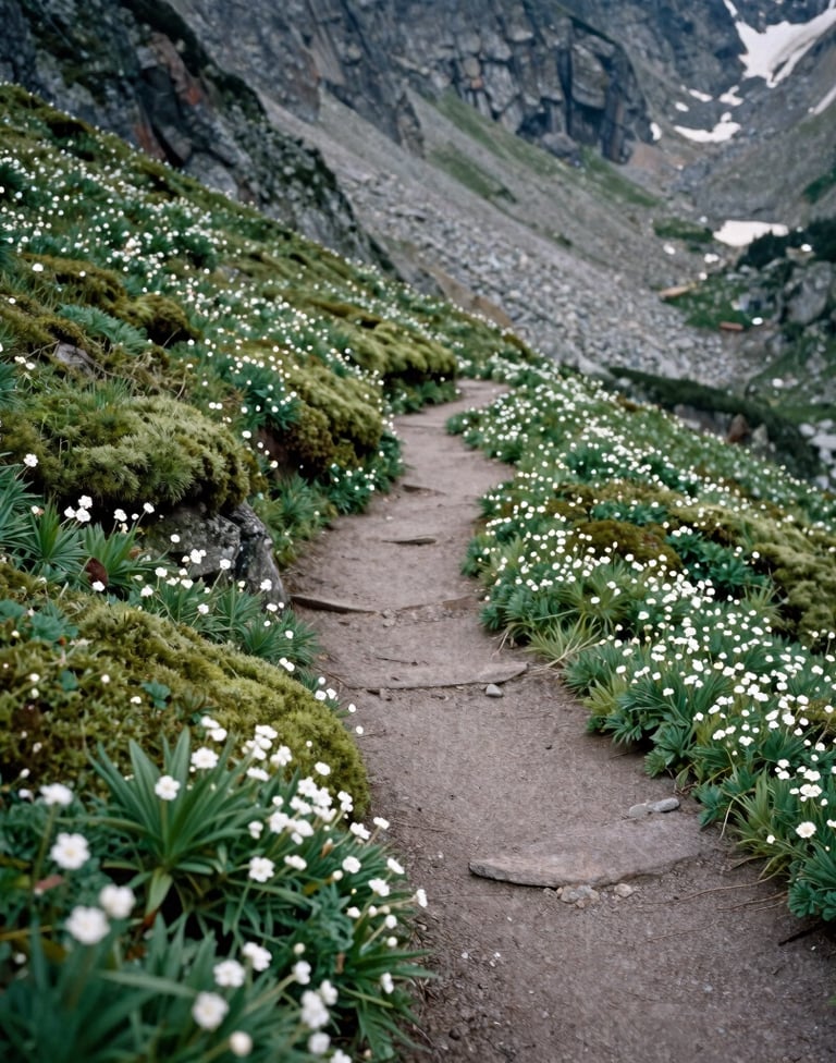 A serene landscape photograph of a winding mountain trail in the North Cascades, North American / US, bordered by lush green moss and small white alpine flowers, sophisticated minimalist style, natural soft lighting.