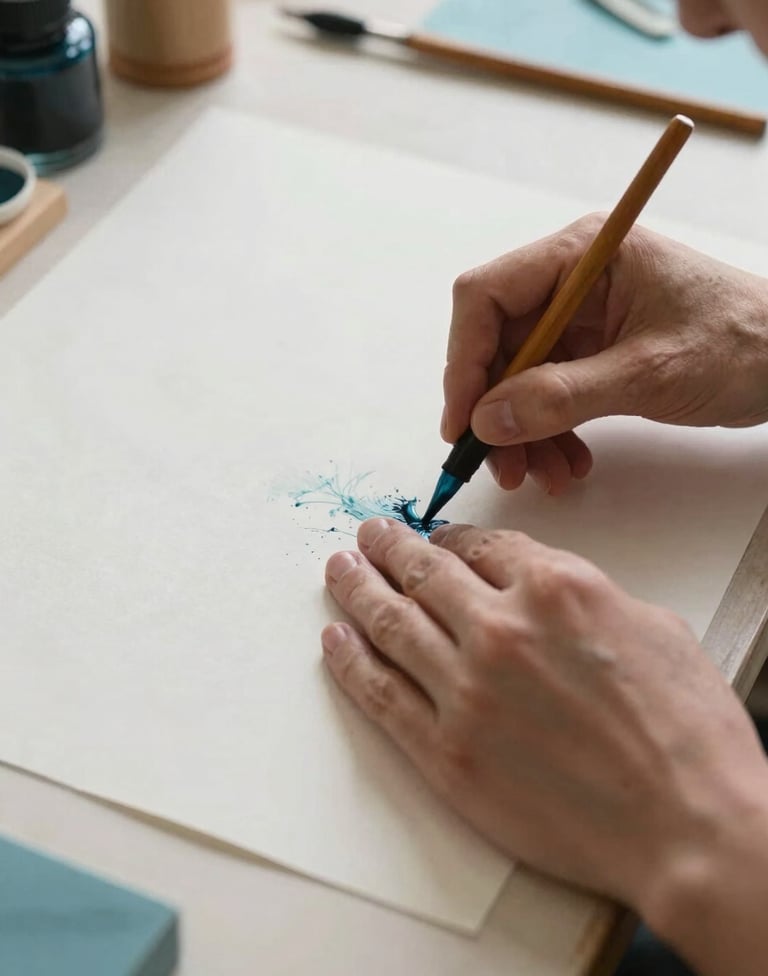 A close-up photograph of a skilled artisan's hands working with fine paper and ink in a brightly lit European / French atelier. The palette is dominated by soft off-white and muted teal blue. Soft natural daylight emphasizes the delicate texture of the materials.