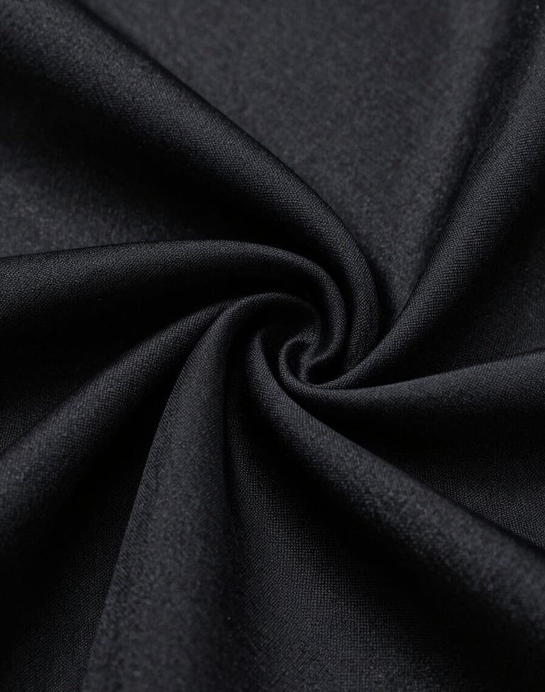 Macro photography showing the intricate texture of a black silk fabric draped elegantly. The lighting highlights the sheen and sophisticated weave, creating an atmosphere of tactile luxury. Black and dark grey tones. Cinematic style.