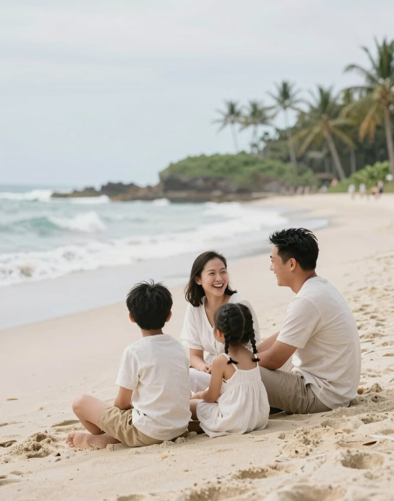 A candid shot of a family laughing together on a secluded Bali beach, soft waves in the background, airy and bright, featuring the off-white #F7F3EE of the sand and muted greens #5F705B of the distant palms.