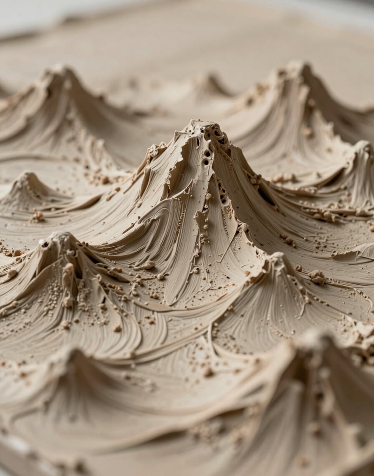 Detailed macro photography of a finished textured art piece, showing intricate details of peaks and valleys in soft beige and earthy brown tones. The lighting creates subtle shadows that emphasize the 3D effect of the molding paste.