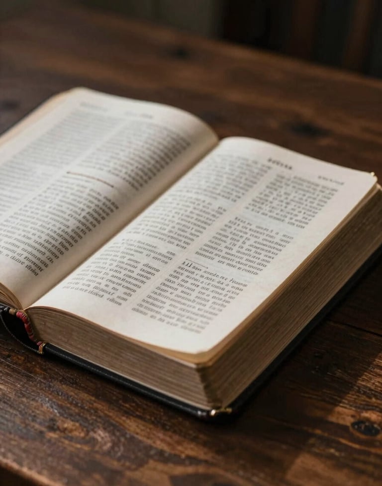 A detailed close-up shot of a well-worn Bible resting on a dark wooden table. A soft ray of light highlights the texture of the pages. The composition reflects high-quality craftsmanship and a trustworthy tone, using #A79E8B for the paper edges.