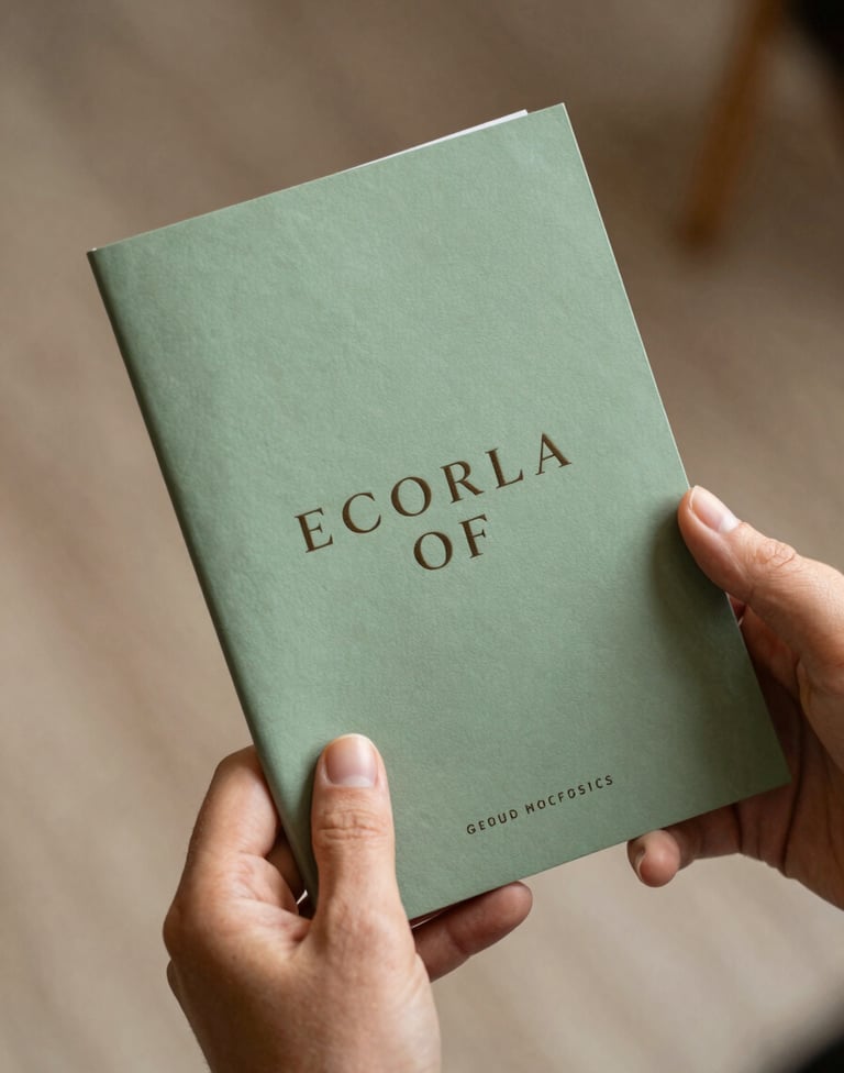 A detail shot of a hand holding a sage green program booklet. Soft focus background featuring the warm taupe textures of the venue. Elegant, professional photography style.