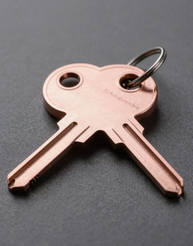 A close-up shot of a rose gold digital key resting on a charcoal gray textured paper. The lighting is soft and professional, highlighting the metallic texture and clean lines in a minimalist European style.
