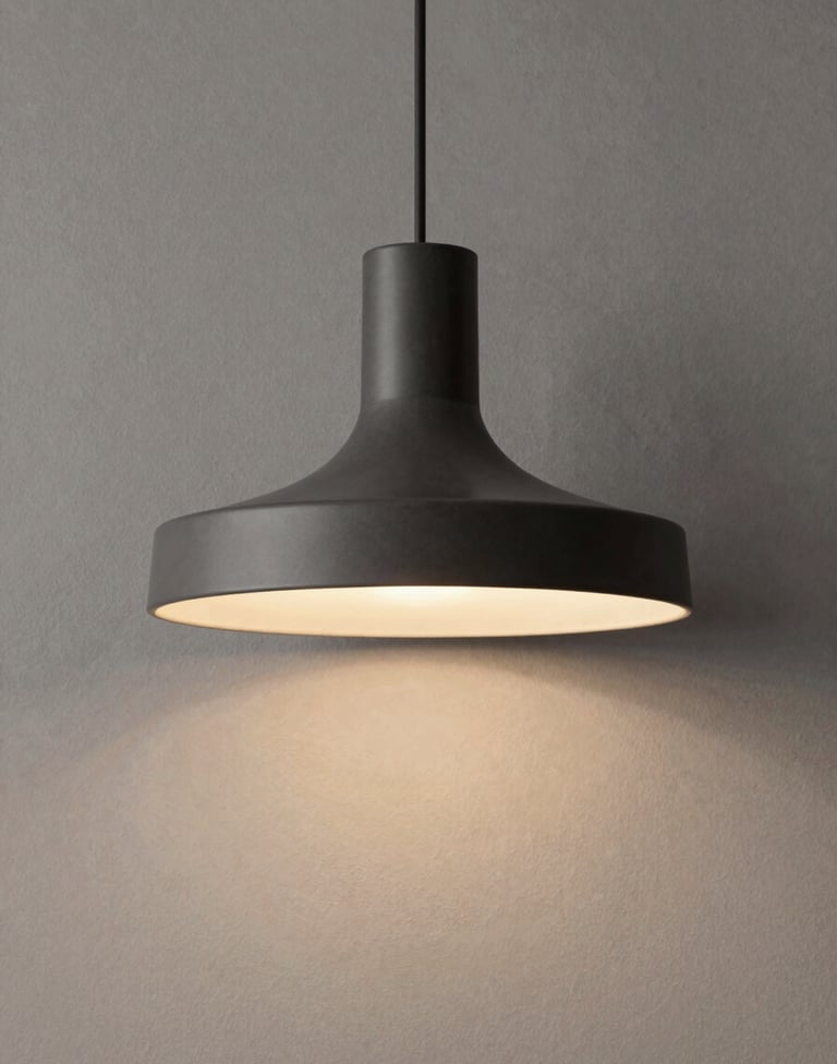 A minimalist architectural lighting fixture with a matte charcoal finish hanging against a greige textured wall, warm ambient glow, South American contemporary interior style.