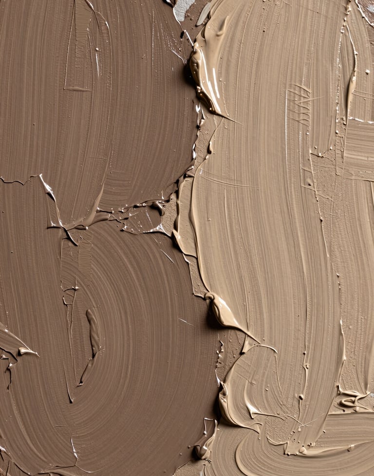 A close-up photograph of oil paint texture on a canvas. Thick impasto strokes in muted brown and soft sand colors create a tactile, organic surface. Side lighting highlights the relief of the paint.