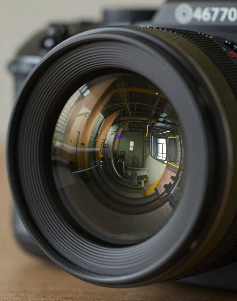 Macro detail shot of a digital camera lens reflecting an industrial workspace. Sophisticated but edgy lighting, with olive (#6B705C) and deep black tones.