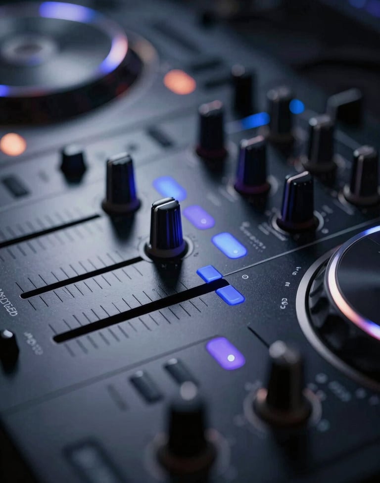 Macro shot of professional DJ mixer faders and knobs, cool blue and purple LED indicators, metallic textures, sophisticated nightlife aesthetic, deep #0A0A0F shadows.