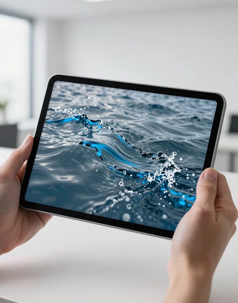 A professional photograph of a digital tablet screen showing a vibrant water flow simulation model with blue and slate grey contours. The device is held by hands in a modern, clean office environment in Indonesia with plenty of white space and natural light, reflecting advanced technology in water management.