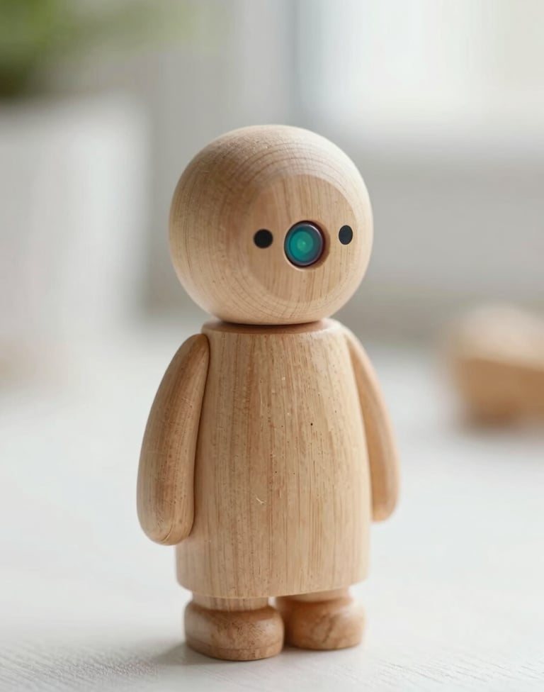 Detail shot of a small wooden character figurine with an embedded colorful sensor. Soft focus background, soft natural lighting, capturing the texture of the wood and the 'Pop&Go' aesthetic.