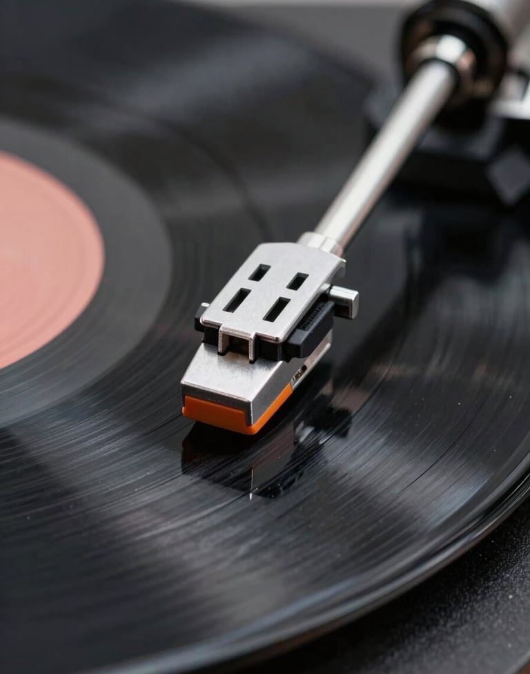 An artistic close-up of a silver record needle touching down on a glossy black vinyl record. Cinematic lighting with subtle gray reflections, capturing a premium and authentic music industry detail.