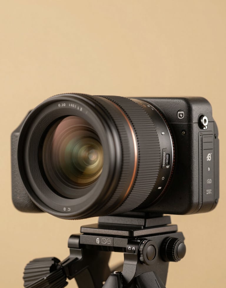 Macro shot of a professional 360-degree camera lens on a tripod, reflecting soft warm light, minimal background, clean grey and mustard yellow tones, modern technology aesthetic, professional studio lighting.