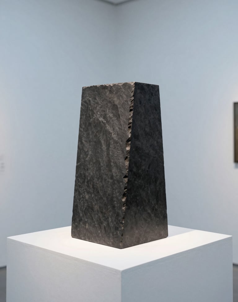 A minimalist sculpture made of dark slate brushed metal, geometric and angular design, sitting on a stark white plinth in a gallery with pale blue walls, clean lines, professional museum lighting.