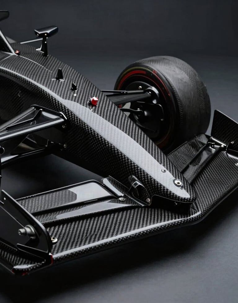 A detailed close-up of a carbon fiber racing car component, showing the intricate weave and technical precision of the aerodynamic surfaces, illuminated by sharp, cool studio lighting in a dark charcoal setting.