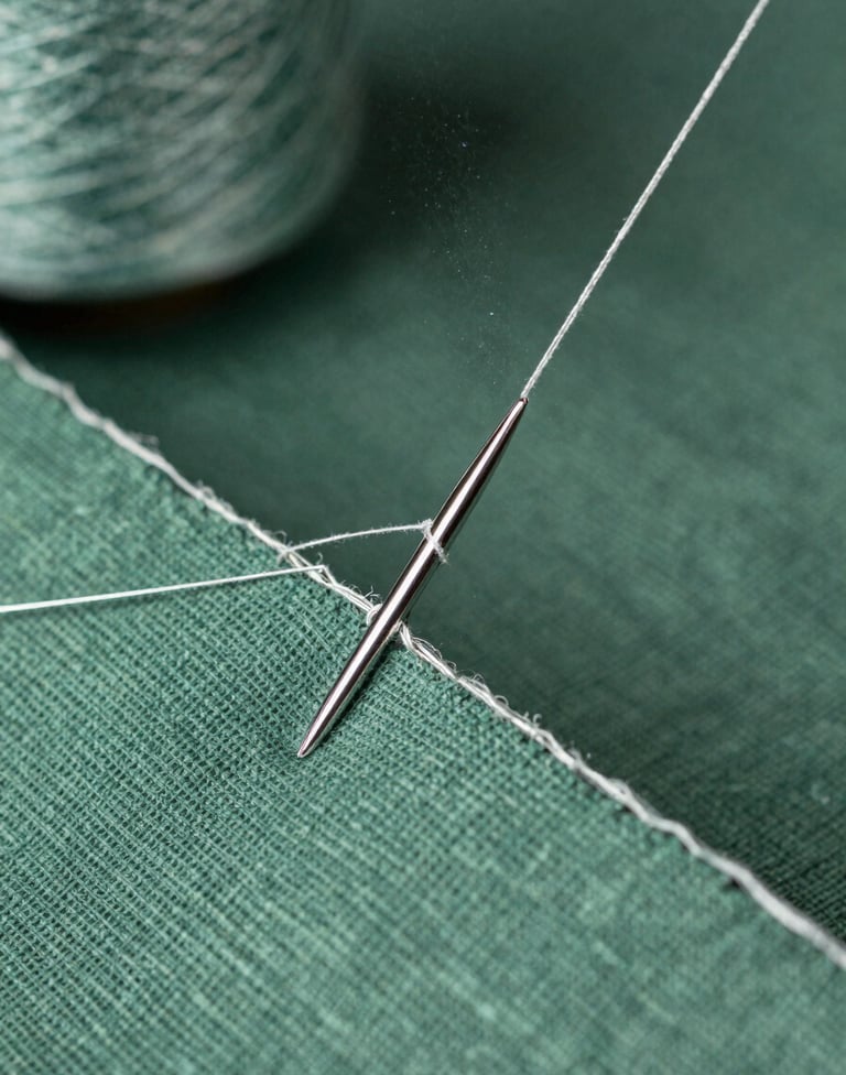 Macro photography of silver thread being woven into a piece of soft green linen fabric, sharp focus on the needle, magical shimmering particles in the air, professional studio lighting.