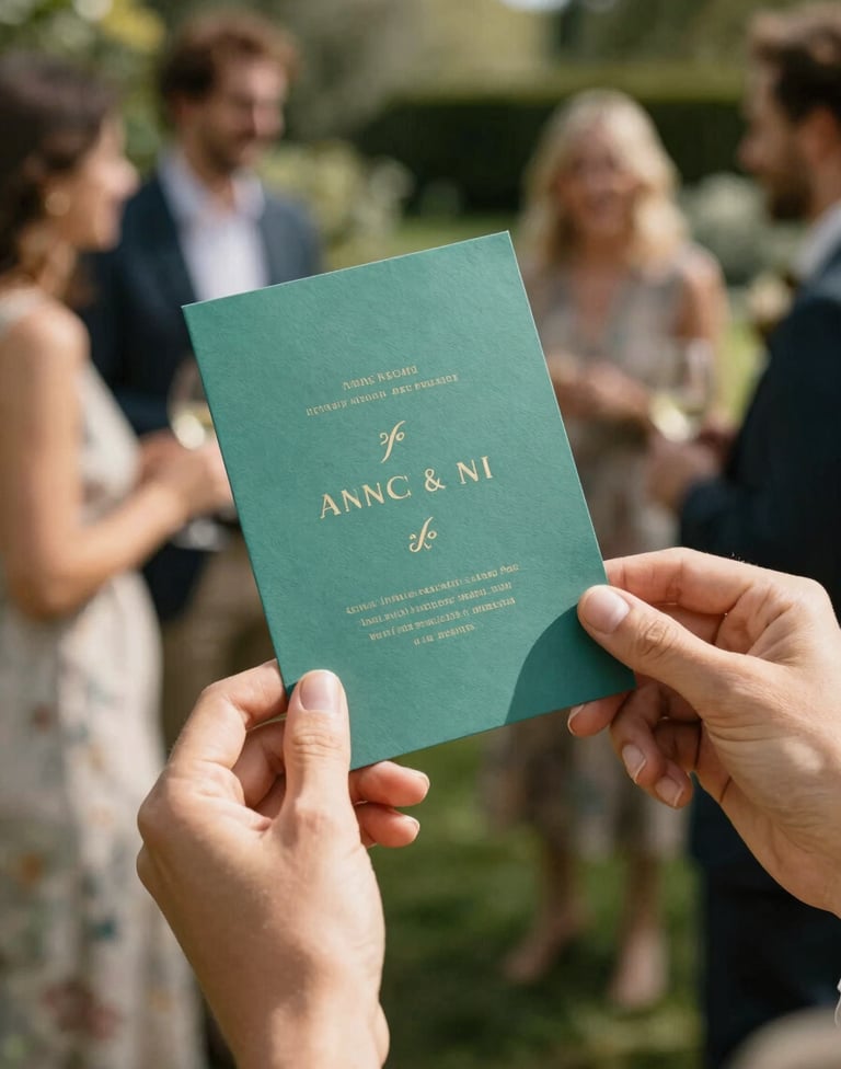 Close-up detail shot of hands holding a teal green invitation card at a garden party, with sun-drenched lighting and a soft-focus background of guests interacting naturally.