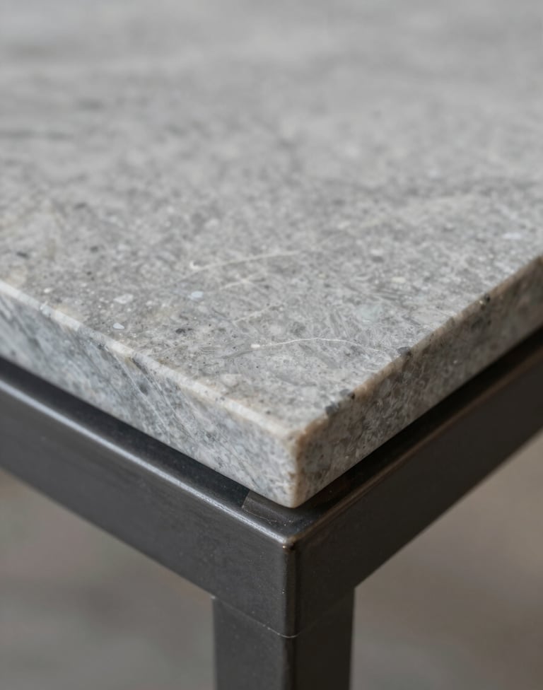 Macro detail of high-quality architectural materials: a slab of grey-veined marble against a dark #2F2E2E metal frame. Soft, natural lighting highlighting texture and professional craftsmanship.