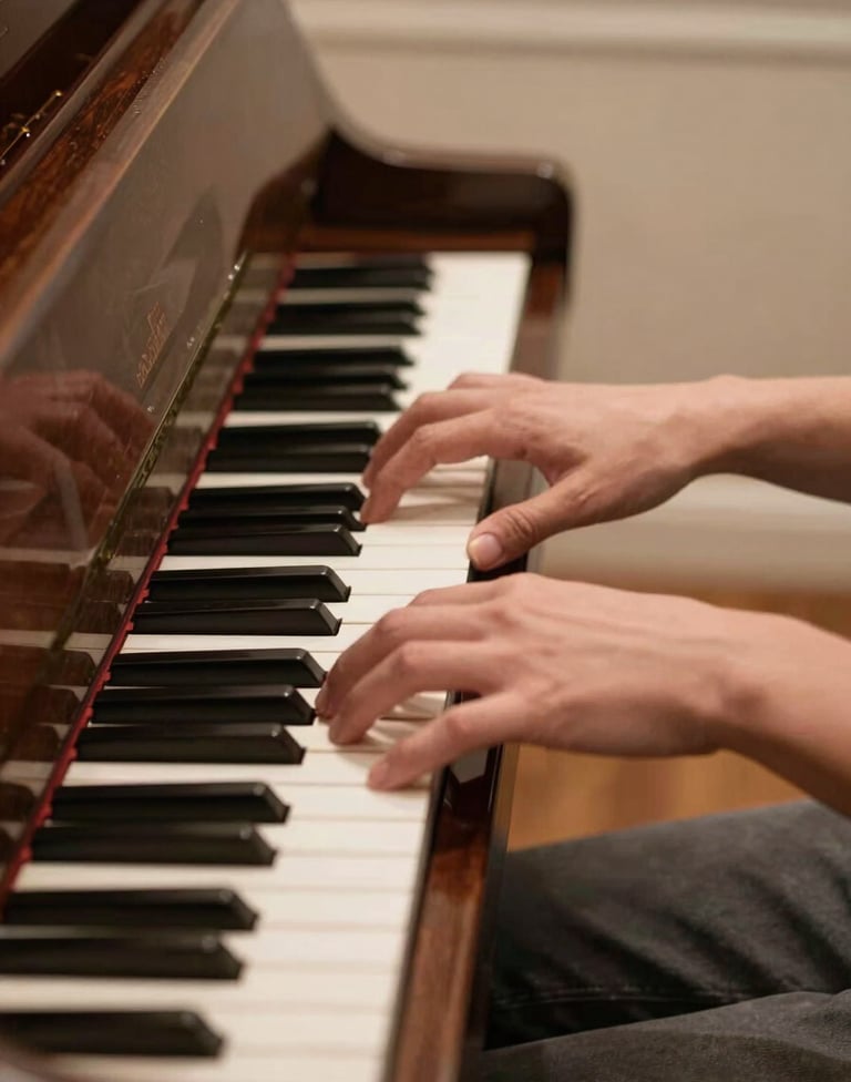 A high-quality photography shot of hands playing a polished mahogany piano, capturing a moment of concentration and artistic flow, elegant North American interior setting, warm lighting, muted tan and charcoal brown tones.