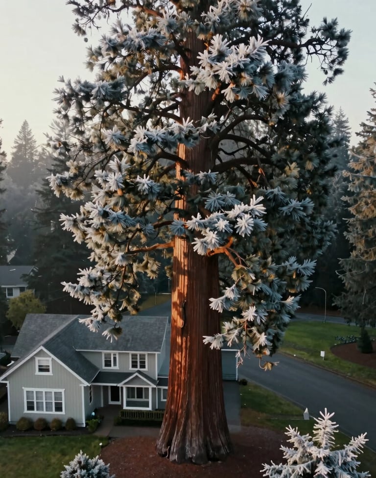 A cinematic aerial side-view showing a massive giant sequoia tree next to a two-story North American home in Eugene, Oregon. The scale illustrates the tree's incredible height. Serene morning lighting with soft frost white highlights.