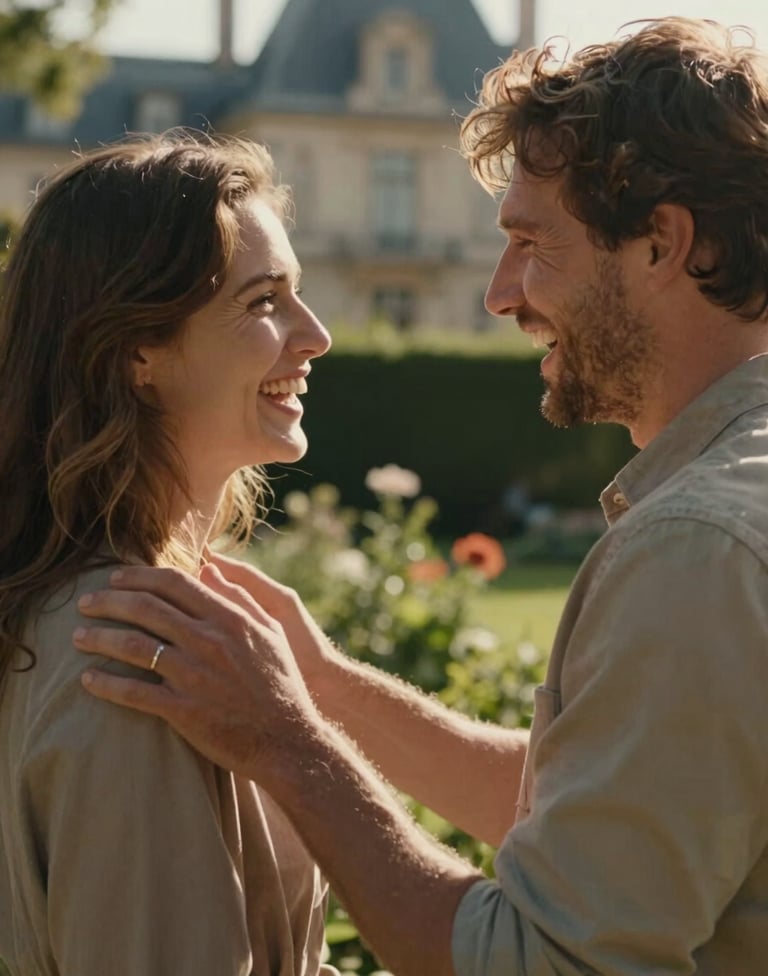 A candid shot of a couple laughing together in a garden, the man's hand on his partner's shoulder. Warm sunlight, authentic interactions, cinematic depth of field. European / French architecture visible in the soft background.