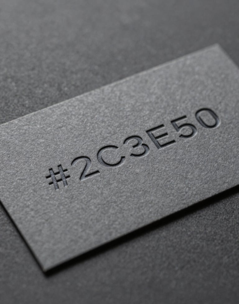 Macro photography of a premium business card featuring deep-etched typography on heavy-weight #2C3E50 paper stock. The lighting highlights the tactile texture of the paper and the sharp edges of the minimalist print design, showcasing forward-thinking creativity.