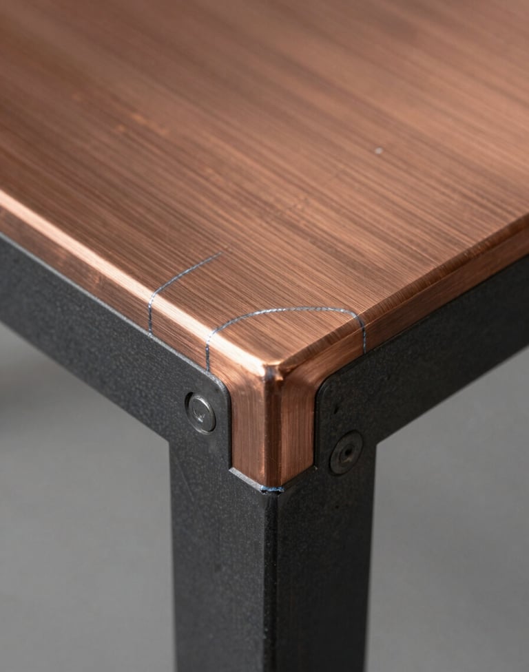 Macro photography of a furniture joint where brushed copper meets dark charcoal steel. The image showcases the technical precision and clean welding lines that define Rawline's craftsmanship. Soft, professional studio lighting.