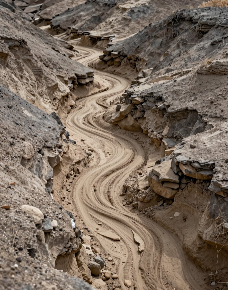 A professional architectural-style detail shot of a natural land feature in Northeast Nevada. The focus is on a dry creek bed showing the natural drainage and soil composition of the land. The lighting is soft and even, highlighting the technical clarity needed for land investment. Tones of sand and charcoal. North American / US - Northeast Nevada.