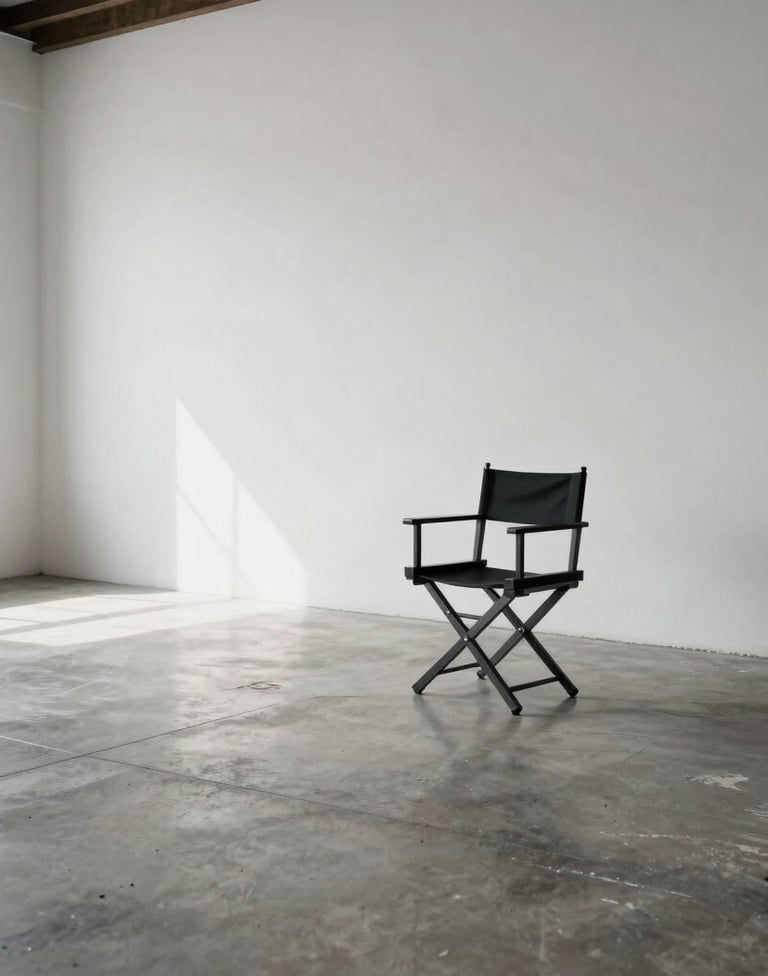 A wide-angle shot of a minimalist design studio interior in the US, polished concrete floors, large white walls, and a single black designer chair, soft natural daylight, aspirational atmosphere.